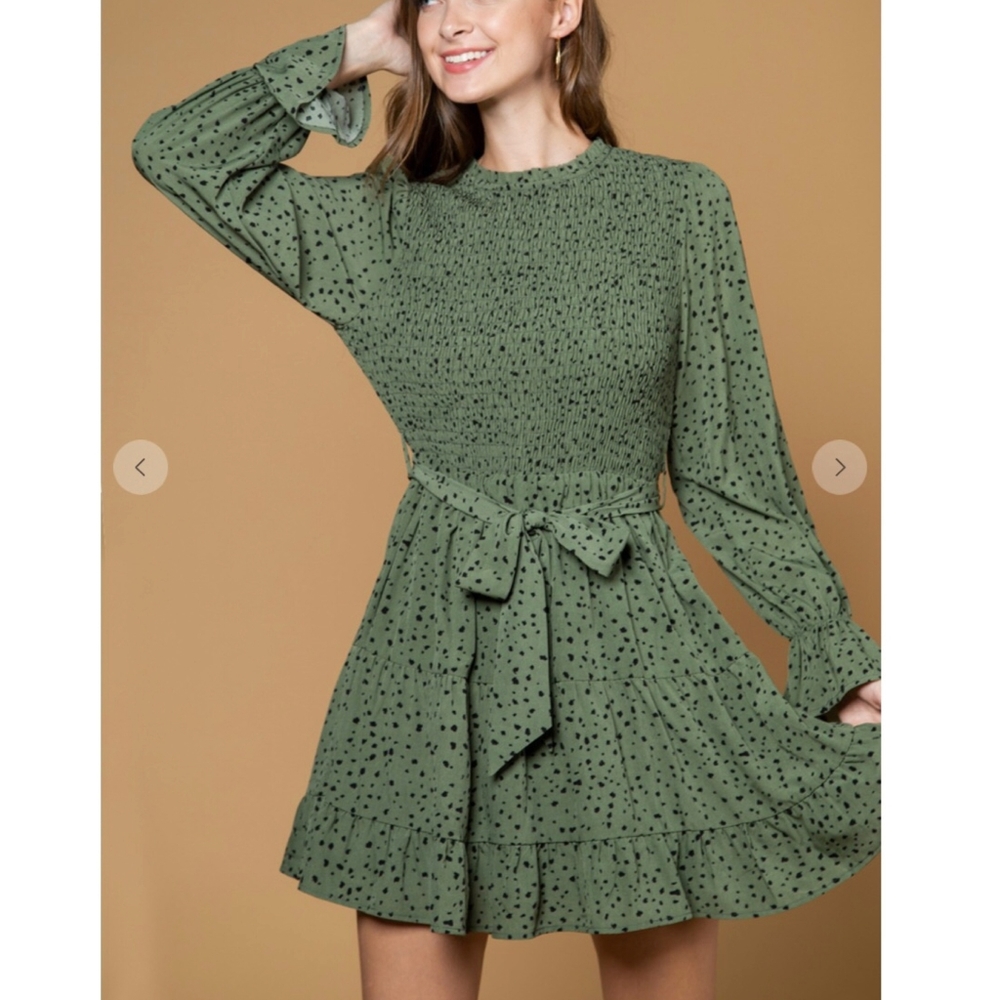 FEW LEFT❗️NEW IN By Very J Olive Ditzy Dots Long Sleeves Short Dress - Picture 2 of 14